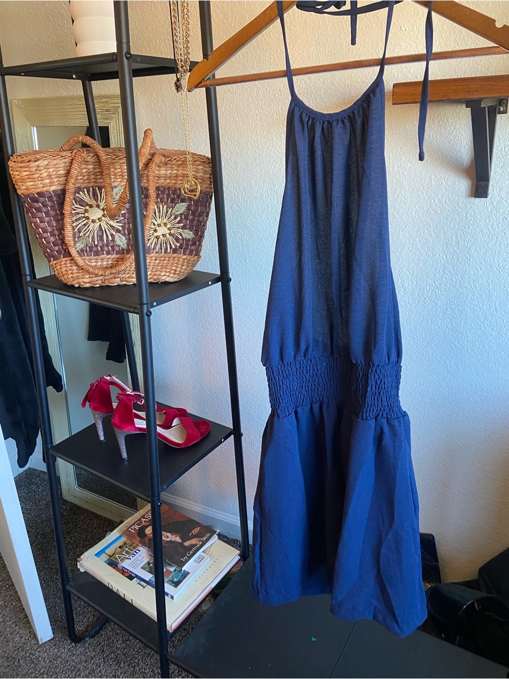 Women’s Navy Smocked Midi Dress - Casual Summer Slip Dress